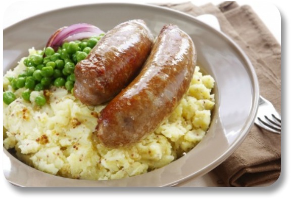 Irish Expressions:  Easy Irish Food Recipes.  Image of bangers and mash per license with Shutterstock.